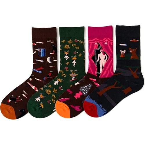 Classic Retro Women Personality Art Mural Painting Female Sock Oil Socks Cartoon Autumn Winter Novelty Funny Men Cotton Socks