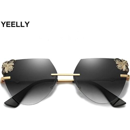 New Fashion Diamond Bee Frameless Sunglasses Ladies Bright Colourful Glasses Eyewear 1602 Butterfly Style Trend Party Women