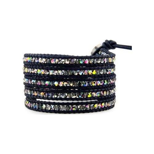 New Classic Crystal Bracelet Wonderful Handwork 4mm Gray Crystal Black Leather Rope Wrap Bracelet Fine Jewelry Women Gift