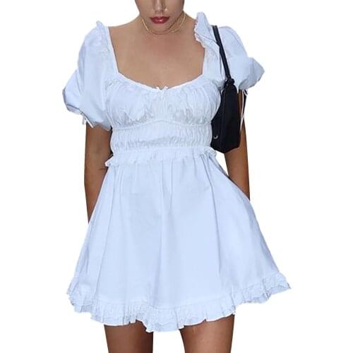 Women Sweet Shorts Dress Female Solid Color Square Neck Dress A line Puff Short Sleeve High Waist Summer Party White Dresses