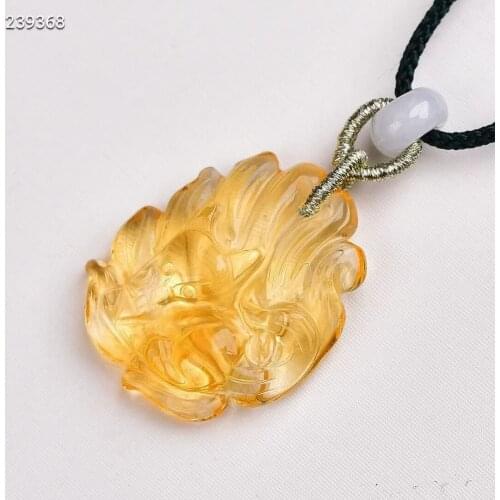 Genuine Natural Yellow Citrine Quartz 9 Tails Fox Carved Pendant 29*24*7.7mm Women Jewelry Clear Citrine Beads Necklace AAAAA