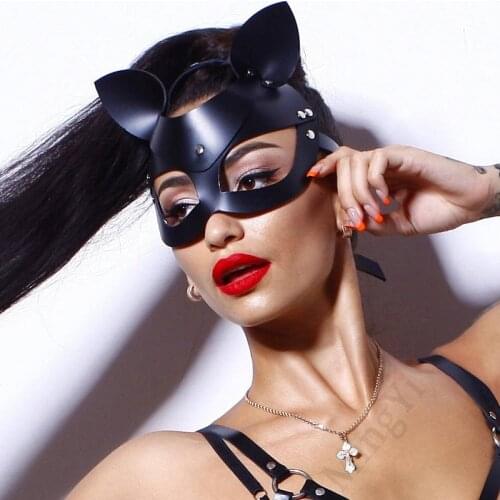 Adjustable Faux Leather Face Mask Removable Cat Ear Fetish Head Mask For Role Playing Games Women Erotic Accessories