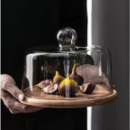 Glass transparent cover afternoon tea cake cover wooden glass cover fruit west dot cake tray ornaments