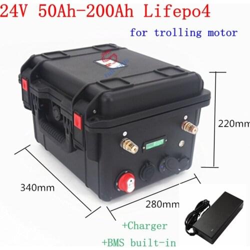 Waterproof Lifepo4 24V 50Ah 60Ah 80Ah 100Ah 120Ah 150Ah 200Ah lithium battery with BMS for trolling motor inverter +10A Charger