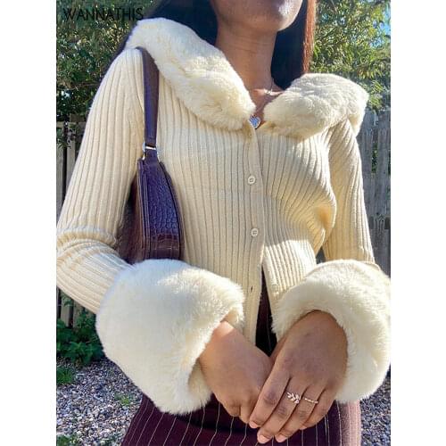 WannaThis Knitted Cardigans Sweater Women Long Sleeve Hairy Winter Tops Slim Casual Cotton Streetwear Sweater Button Top Soft