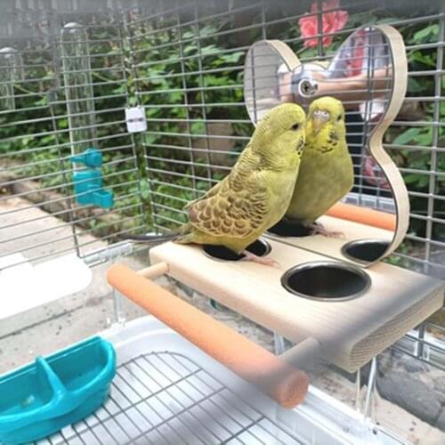 Parrots Mirror Play Stand Birds Wooden Toys Perch Playgym With Feeder Cups Bowl For Parrot Parakeets Cockatiels Cage
