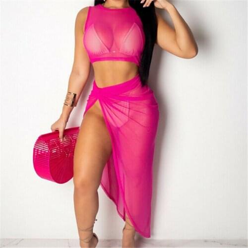 Women Summer Sexy Beach Cover Up Sheer Bikini Cover-Up Crop Top Beach Dress Skirt Swimwear Solid Color Bathing Suit Cover Ups