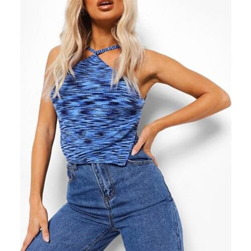 Ladies Summer Fashion Street Style Camis Printed Knitted Slim Fit Off Shoulder Vest Women Backless Halter Crop Top Clubwear