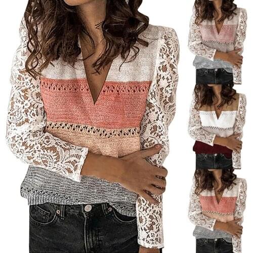 Sweater Womens Pullover Lace Patchwork Long Sleeve Color Block V Neck Pullover Knitted Sweater Long Sleeve Top Femme