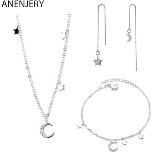 925 Sterling Silver Charm Summer Micro Zircon Moon Star Short Necklace Bracelet Earrings Jewelry Sets For Women Girl