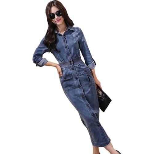 High quality Denim Dress Women 2019 Spring Autumn Long sleeve Single-breasted Dresses Female Slim Long Package hip Dresses A2703