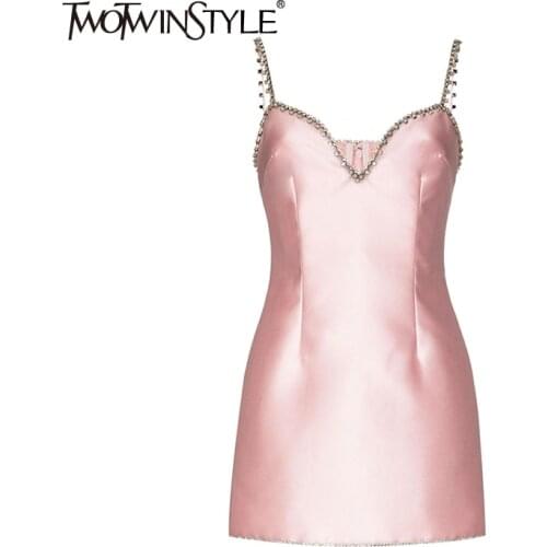 TWOTWINSTYLE Sexy Patchwork Diamonds Dress For Women V Neck Sleeveless High Waist Mini Dresses Females Summer Fashion 2021 Style