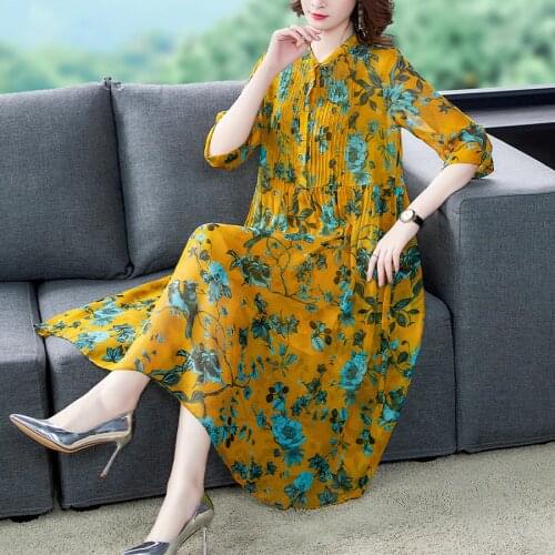 2021 Summer Yellow Floral Mulberry Silk Midi Dress Elegant Female Vintage Plus Size Beach Sundress Bodycon Party Runway Vestidos