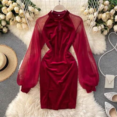 2020 long sleeve velour retro dress lannter sleeve sexy mini dress autumn winter women solid party elegant streetwear dresses