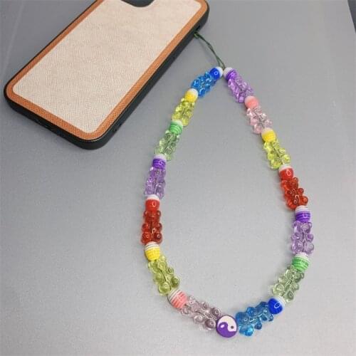 2021 New Mobile Phone Strap Lanyard for Men Women Colorful Bear Resin Phone Chain Lanyards Soft Round beads Fashion Jewelry Gift