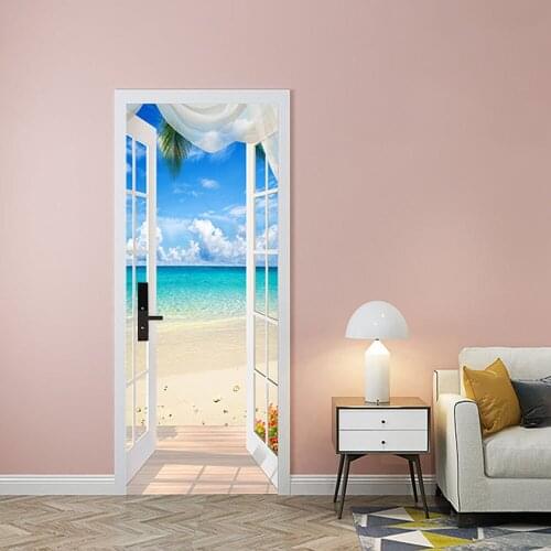 3D door paste foreign trade landscape balcony sea view home wall paste wooden door renovation decorative stickers