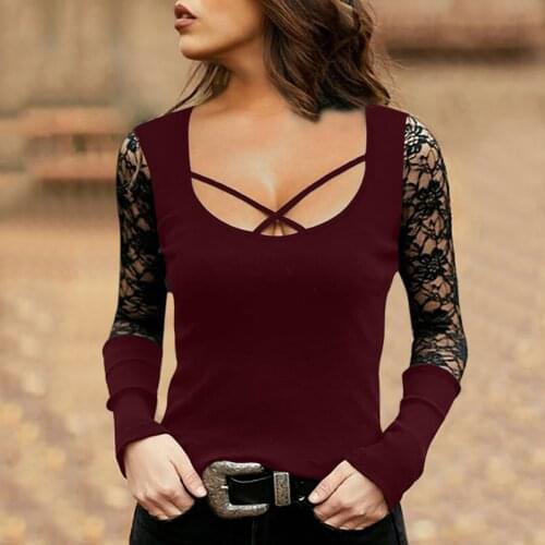 40#Slim Blouse Womens Lace Hallow Out Elegant Round Neck Shirts Long Sleeve Cross the Chest Casual Tops Blouse Рубашка Женская