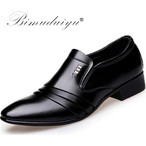 BIMUDUIYU brand PU Leather Fashion Men Business Dress Loafers Pointy Black Shoes Oxford Breathable Formal Wedding Shoes