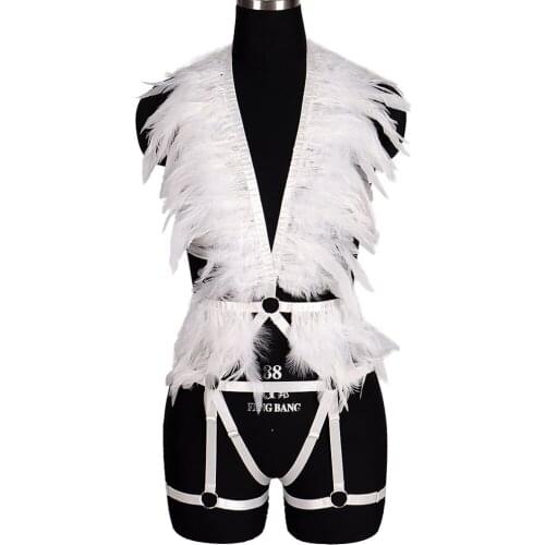 Harness Bra Goth Harness Fashion Bdsm Womens Underwear Natural Feather Body Belts Gothic Clothes Sexy Lingerie Stockings Garter