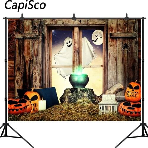 Capisco Wooden Window Halloween Photo Backdrops ghost Pumpkin Lanterns Full Moon Baby Kids Photography Studio Backgrounds