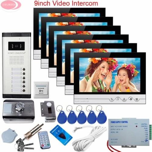 For 6 Apartments Electronic Doorman With Camera 9inch Video Door Phone Intercom System + Rfid Unlock Electronic Lock System Unit