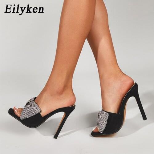 Eilyken Newest Fashion Crystal Rhinestone Butterfly-knot Women Summer Party Slippers Square Toe Sandals Thin High Heels Ladies