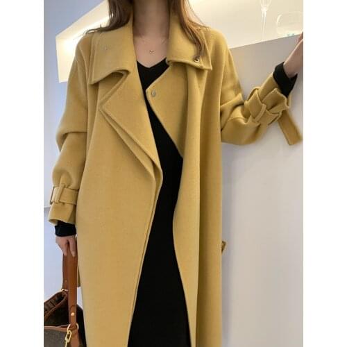 High-end temperament hanging imperial buckle belt double-sided cashmere coat woolen coat female Korean version 21 new