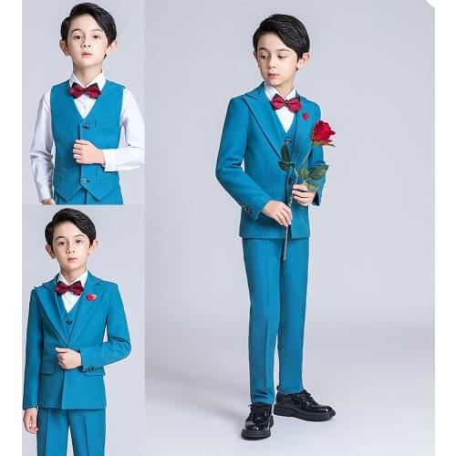 Fomal Kids Suit Handsome Three Piece Custom Made Blue Birthday Children Tuxedos Double Button High Quality
