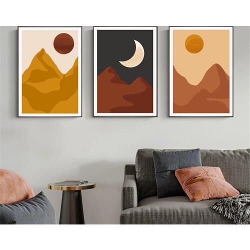 Boho Sun and Moon Canvas Painting Abstract Vintage Poster Modern Landscape Art Print Geometry Wall Art Picture Living Room Decor