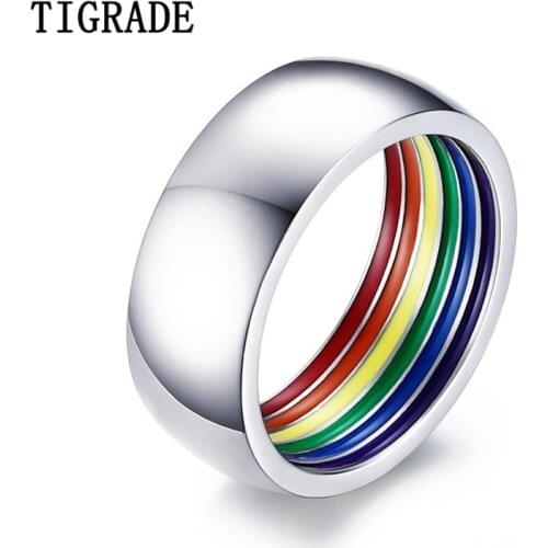 New Arrival Rainbow Ring For Men Women Colorful LGBT Stainless Steel Wedding Band Lesbian & Gay Rings Name Engraving Custom