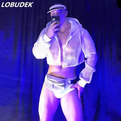 Nightclub Bar Sexy Party Show Gogo Costume White Gauze Perspective Short Hooded Jacket Shorts Set Dance Team Performance Clothes