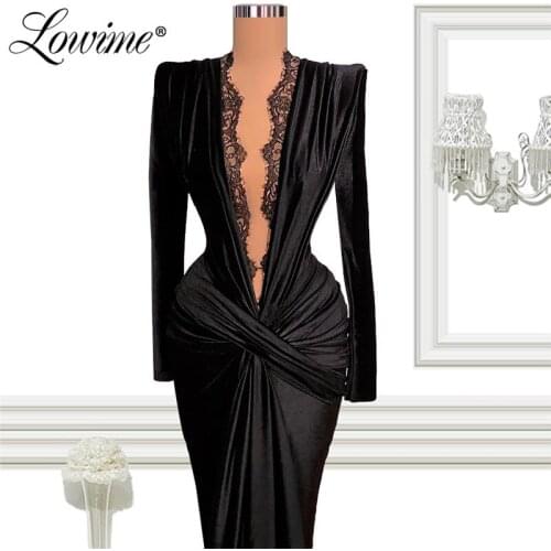Lowime Deep V Neck Black Velvet Evening Dresses Arabic Long Sleeves Party Gowns For Weddings 2021 Robes Mermaid Prom Dress