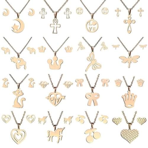 Trendy Metal Geometric JewelrySets Classic Neck Chain Stainless Steel Unicorn Cat Moon Stars Necklace/Earrings Jewelry for Girls