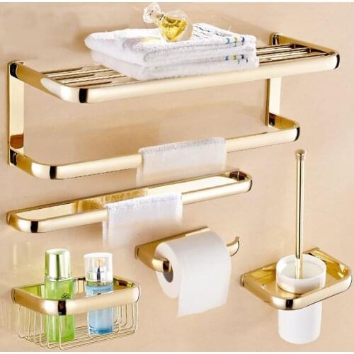 Luxury Gold Brass Finish Bathroom Accessories Set,Paper Holder,Towel Bar,Soap Basket,Toilet Brush Holder,Bathroom Sets ZD1131
