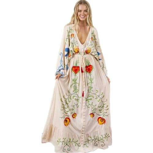 UK 2018 Spring Summer Women Cotton V neck Vintage Embroidery High waist Loose Dress Long sleeve Maxi Long dress Female Vesdido