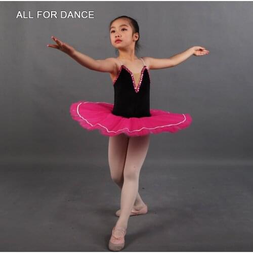 Rehearsal Tutu Skirt Black Velvet Bodice and Hot Pink Pleated Tulle Pancake Tutu for Girls Pre-Professional Dance Tutu PLL011