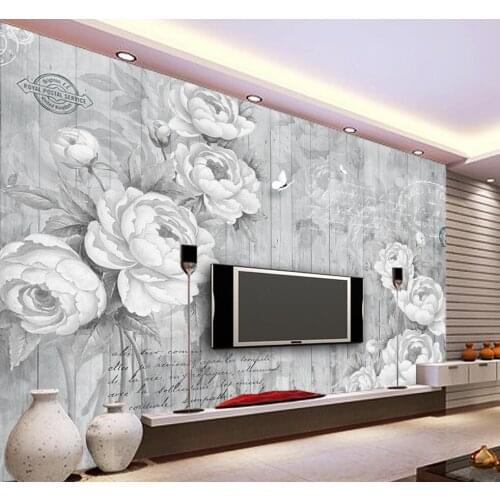 Retro hand painted gray rose wood board background wall painting home decoration living room bedroom custom size 3d wallpaper