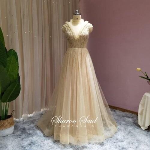 Gold Crystal Tulle Dubai Evening Dresses Long Luxury 2021 Wedding Party Gowns Elegant High Neck Women Arabic Formal Prom Dress