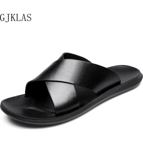 Men Slippers Genuine Leather Brown Black Summer Shoes Real Leather Casual Shoes Mens Slippers Outdoor Comfy Beach Shoes Sandals