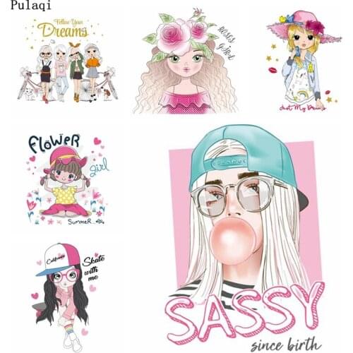 Pulaqi DIY Iron on Transfer Fashion Girl Patches for Clothes Stripes Iron Heat Transfer Vinyl Sticker Thermal Applique Badges
