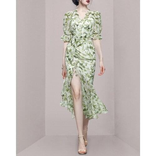 VSUE Vintage Chiffon Flower Print Pleated Shirring Belt Lace Up Ruffles Irregular Puff Sleeve Trumpet Mermaid Long Dress D3077