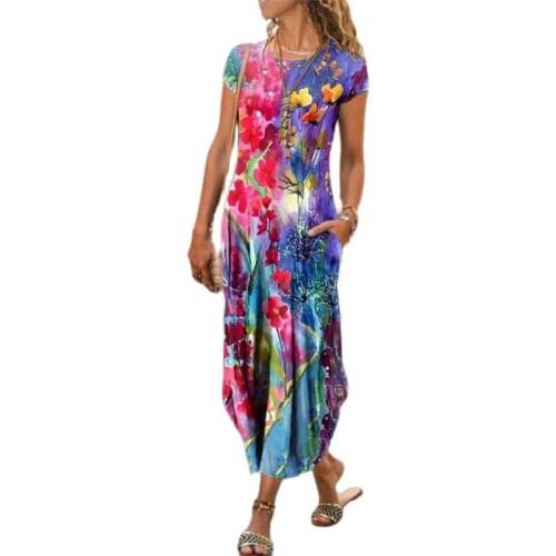 Vintage Plaid Floral Print Short Sleeve Robe Maxi Dress Women Summer New O-neck Casual Loose Holiday Pocket Long Dress Plus Size
