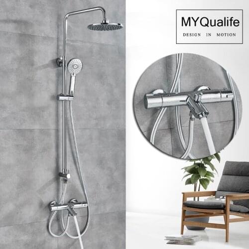 Bright Chrome Thermostatic Shower Mixer Faucet Dual Handle Rainfall Bath Shower Set 8" Rainfall Shower Mixer Tap Wall Mount Tap