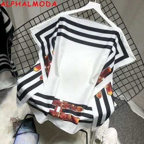 ALPHALMODA 2020 Summer Short-Sleeved Top Square Scarf Design New Style Loose Classic Printed Slash Collar Women Fashion T-shirt