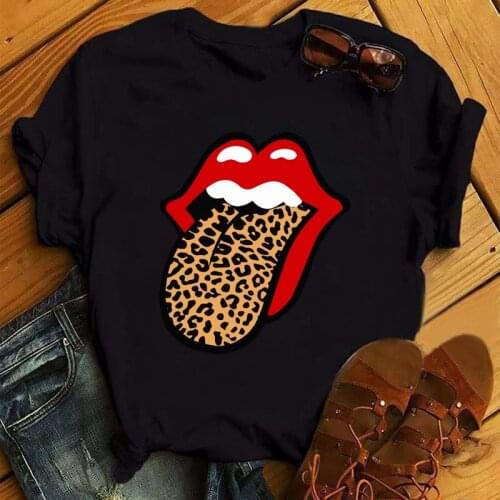 New Fashion Womens Casual Lip Printed T-Shirt Summer Short Sleeve T-Shirts Vintage Funny Leopard Lips T-Shirt Femme Black Tops