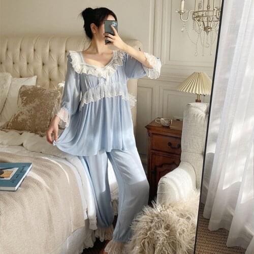 Sweet Princess Full Sleeves Lace Pure Cotton Pajamas Women Korea Style Loose Two-Pieces Long Pants Nightwear Casual Homewear New