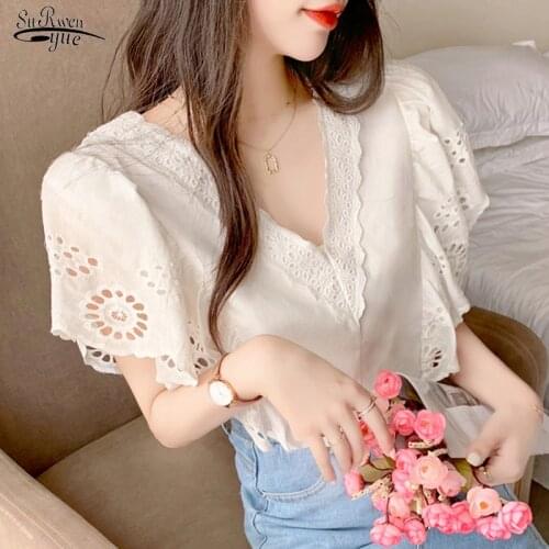 Summer 2021 Lace Stitching Chiffon Shirt Ladies Korean V Neck Butterfly Short Sleeve Blouse Women Loose Hollow White Tops 15571