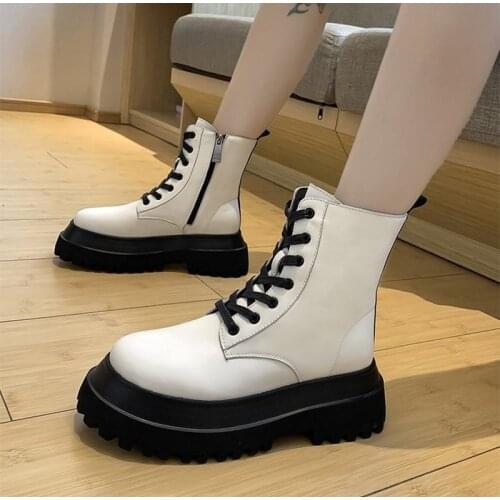 Motorcycle Boots For Women 2021 Autumn Ankle Shoes Thick Heels Zipper PU Lace Up Female Shoe Platform Non-slip Ladies Short Boot