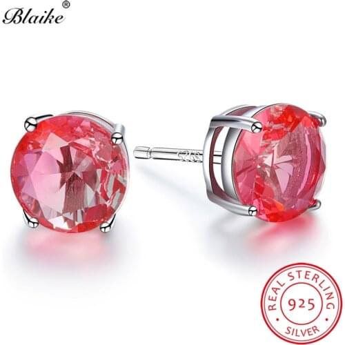 Cute Pink Yellow Mystic Rainbow Fire Crystal Round Stud Earrings For Women s925 Sterling Silver Earrings Wedding Cz Fine Jewelry