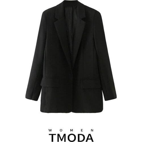 TMODA415 2021 Womens Black Blazer Jacket Casual Solid Color Double-breasted Pocket Coat Office Lady Autumn and Spring